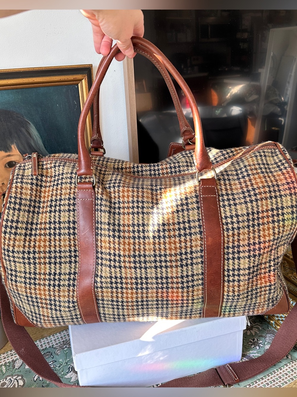 J.Crew vintage wool leather houndstooth overnight bag duffel brown tan